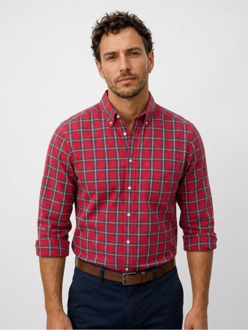 CREMIEUX Men's Red Plaid Button-Down Shirt - Slim Fit Long Sleeve Preppy Sz Med